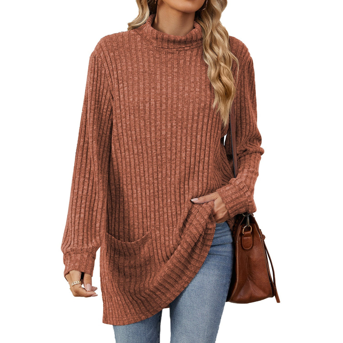 Locker sitzendes T-Shirt für Damen mit hohem Kragen und langen Ärmeln