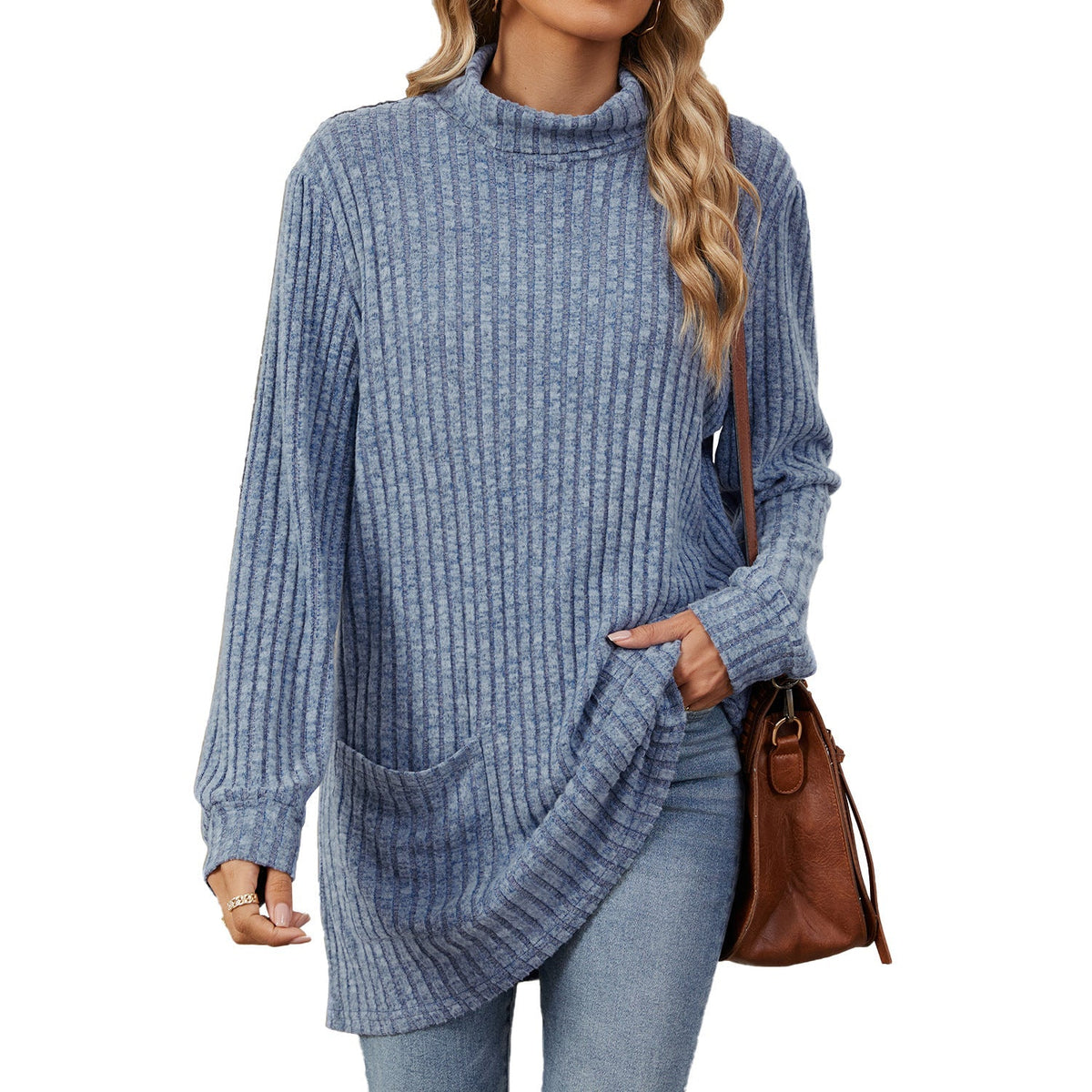 Locker sitzendes T-Shirt für Damen mit hohem Kragen und langen Ärmeln