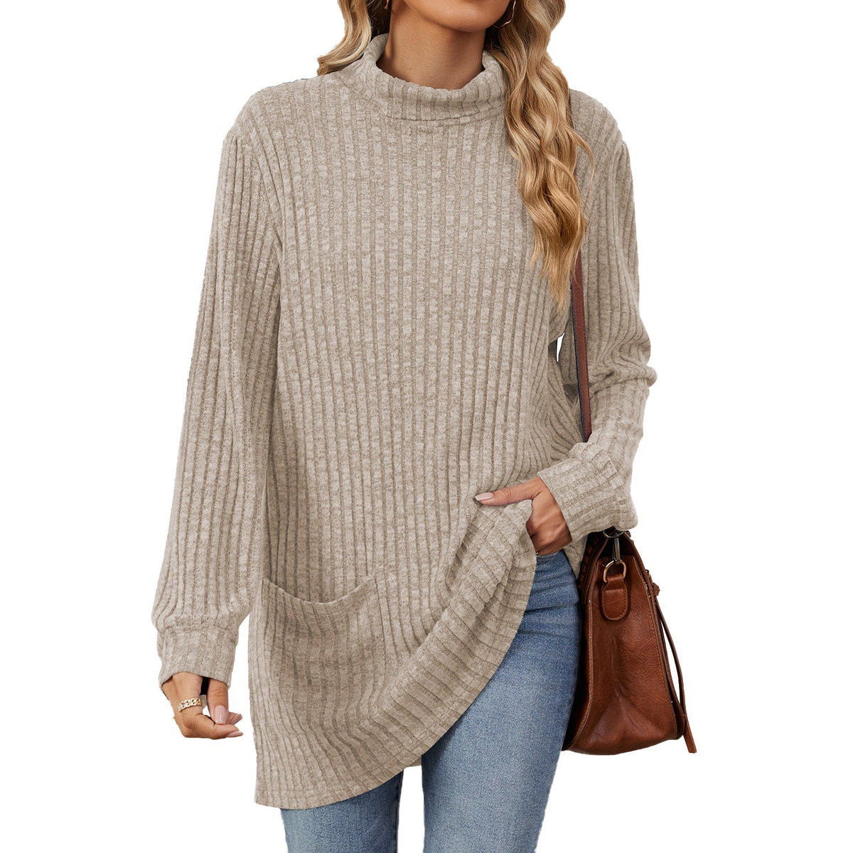 Locker sitzendes T-Shirt für Damen mit hohem Kragen und langen Ärmeln