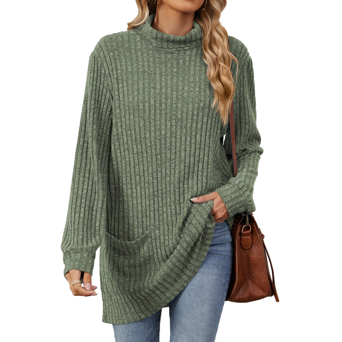 Locker sitzendes T-Shirt für Damen mit hohem Kragen und langen Ärmeln