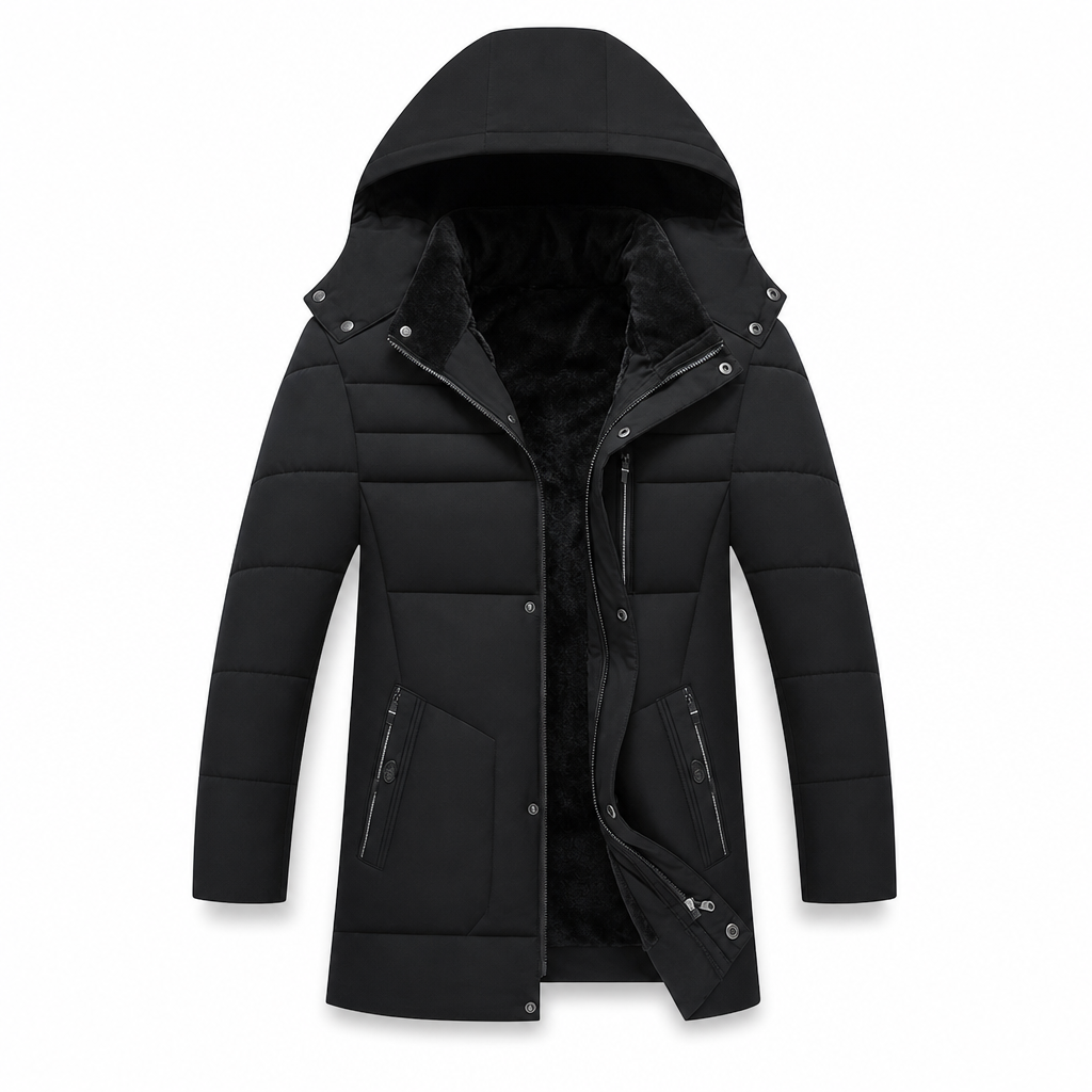Mittelange Winterjacke mit gesteppter und dickerer Baumwolle für geschäftlichen und lässigen Gebrauch, für Männer mittleren Alters
