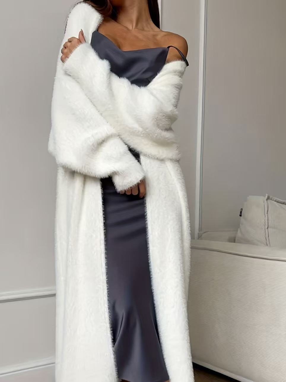 Damen Faux-Nerz-Fleece Langer Cardigan Flauschiger Oversized Strick-Mantel für Herbst und Winter