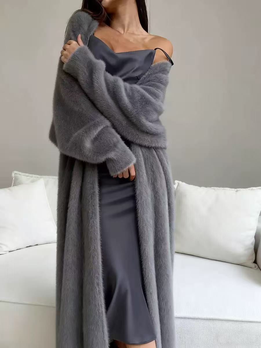 Damen Faux-Nerz-Fleece Langer Cardigan Flauschiger Oversized Strick-Mantel für Herbst und Winter