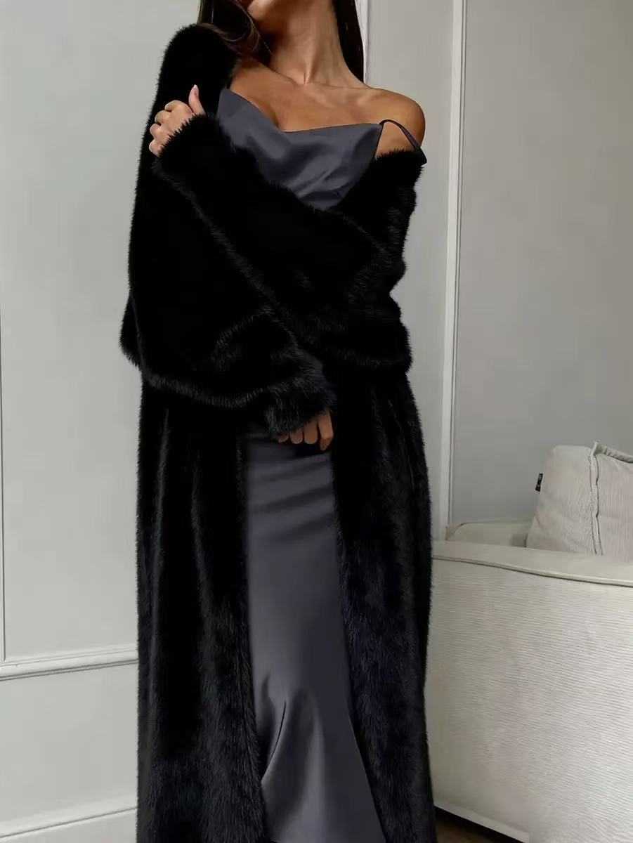 Damen Faux-Nerz-Fleece Langer Cardigan Flauschiger Oversized Strick-Mantel für Herbst und Winter
