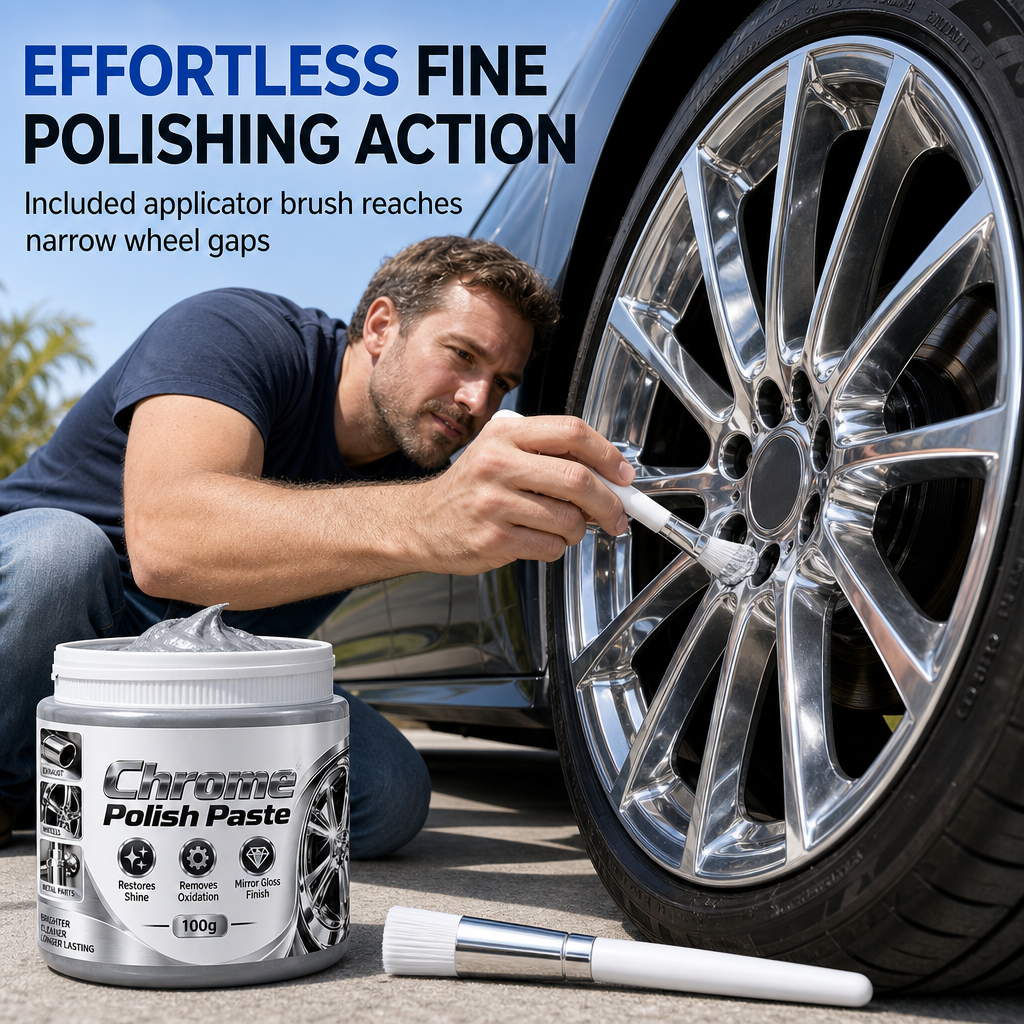 Metall Chrom Politur & Restaurator Paste mit Bürste – Hochleistungs Chrom Poliercreme, Oxidationsentferner für Autofelgen, Metallverkleidung, Wasserhähne & Chromoberflächen