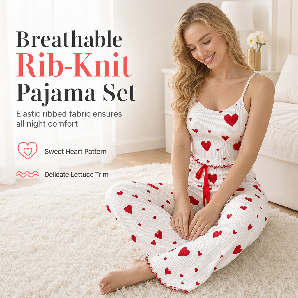 Damen 2-teiliges geripptes Pyjama-Set Herzdruck Camisole-Top und lange Hose Loungewear