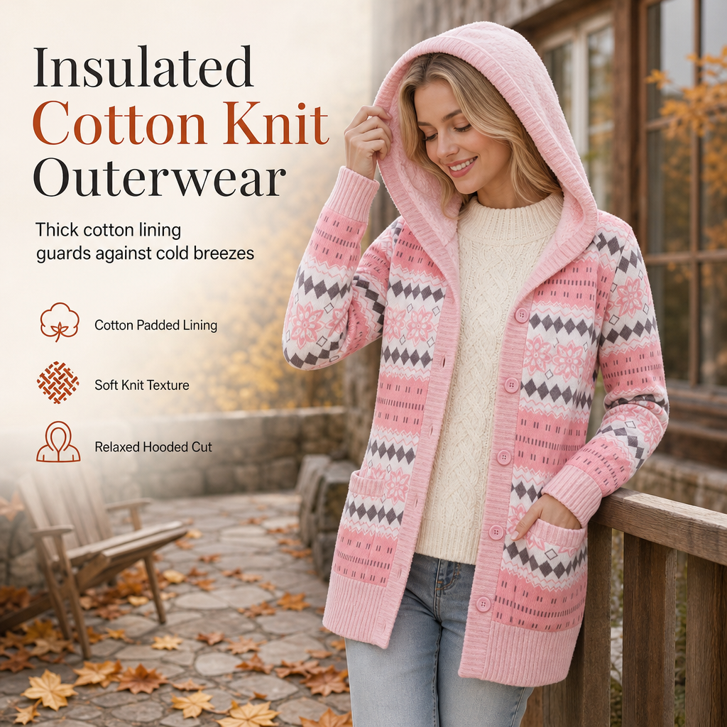 Damen-Strickjacke mittellang mit Kapuze und Baumwollfutter