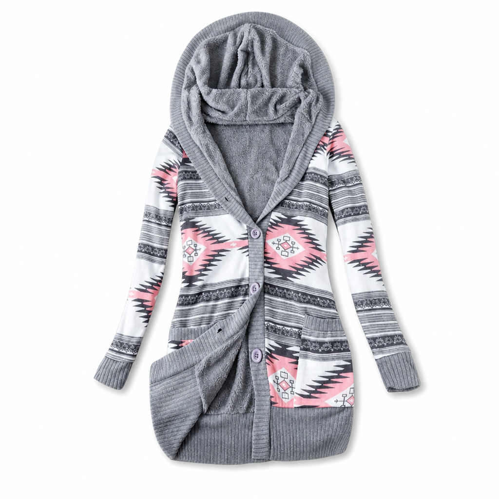 Damen-Strickjacke mittellang mit Kapuze und Baumwollfutter