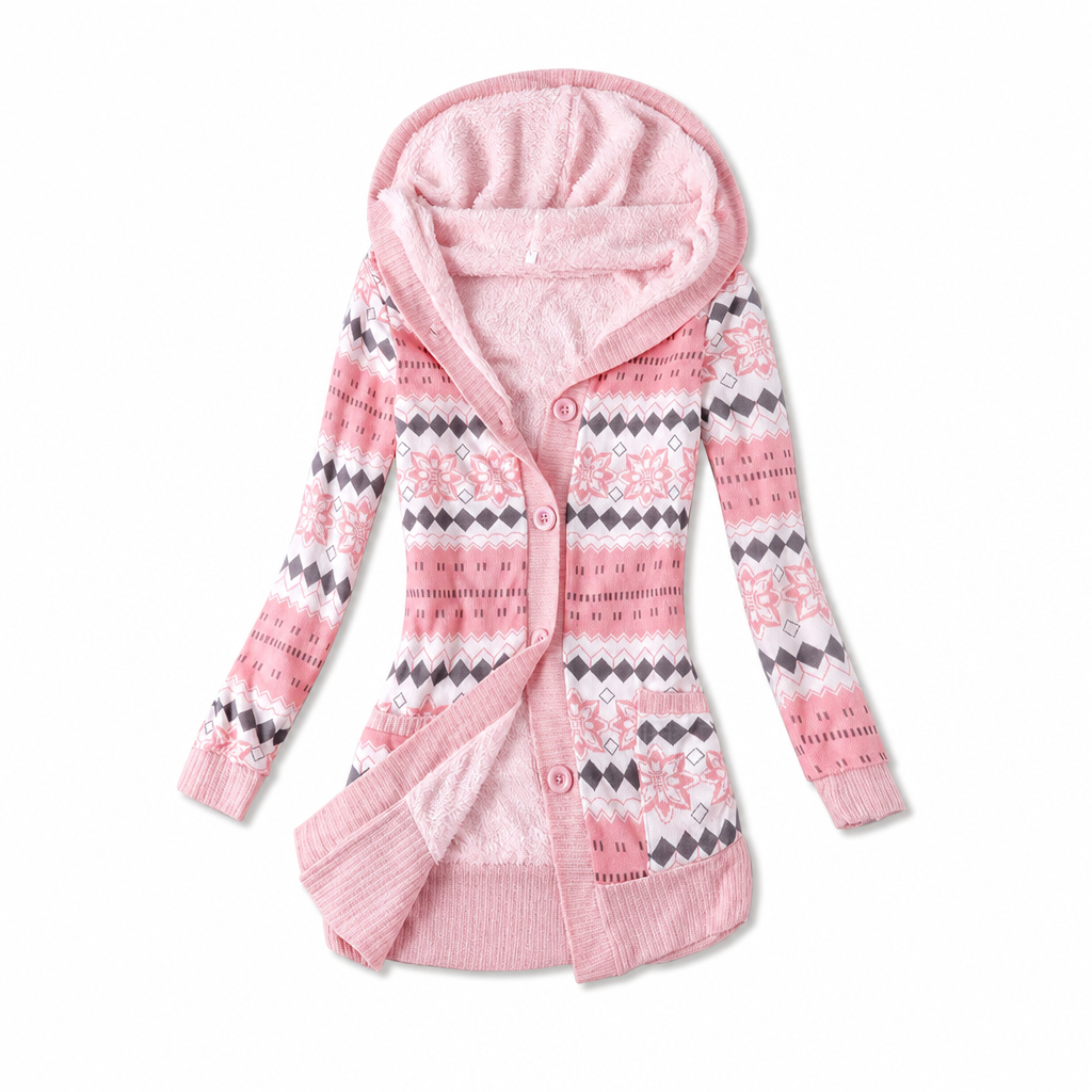 Damen-Strickjacke mittellang mit Kapuze und Baumwollfutter