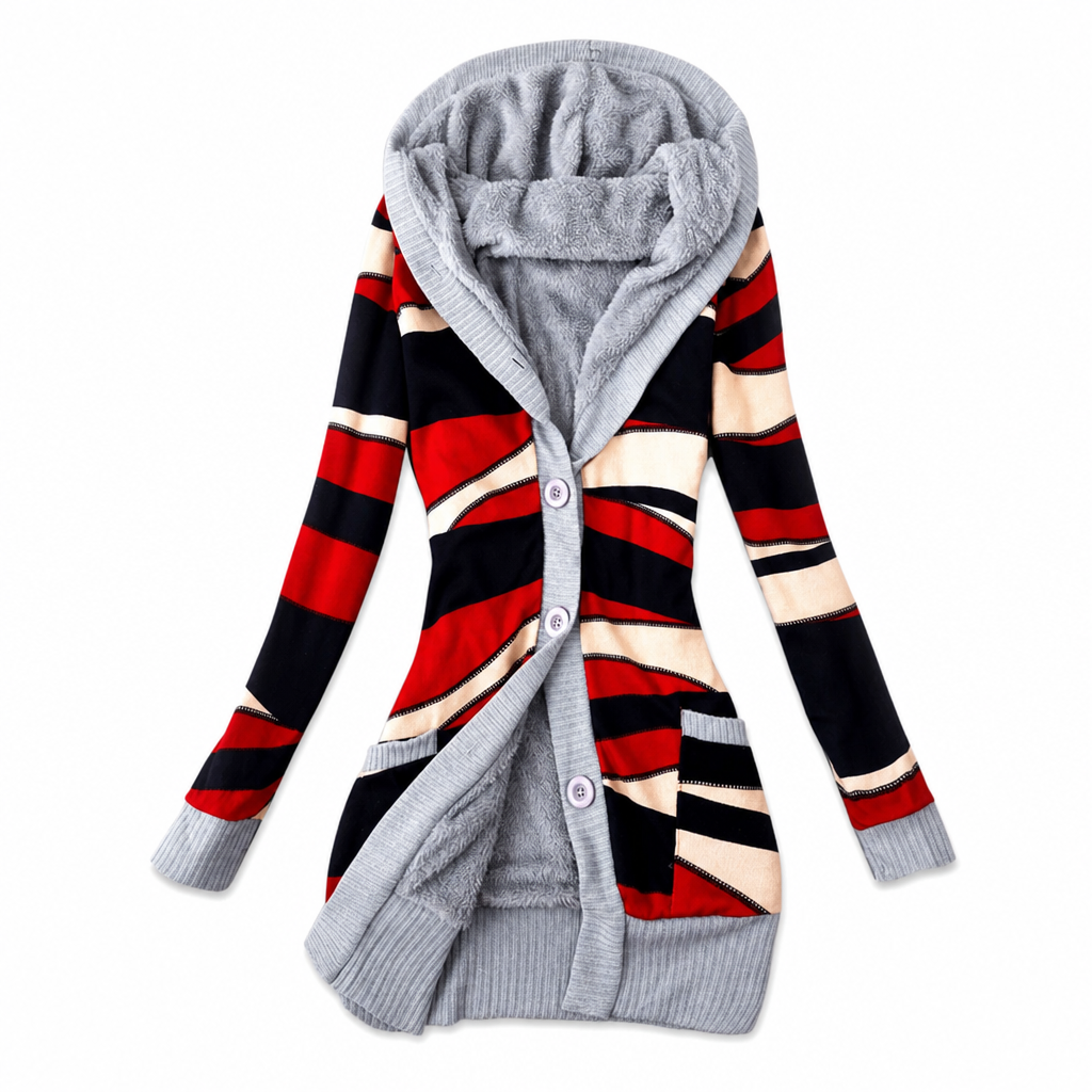 Damen-Strickjacke mittellang mit Kapuze und Baumwollfutter