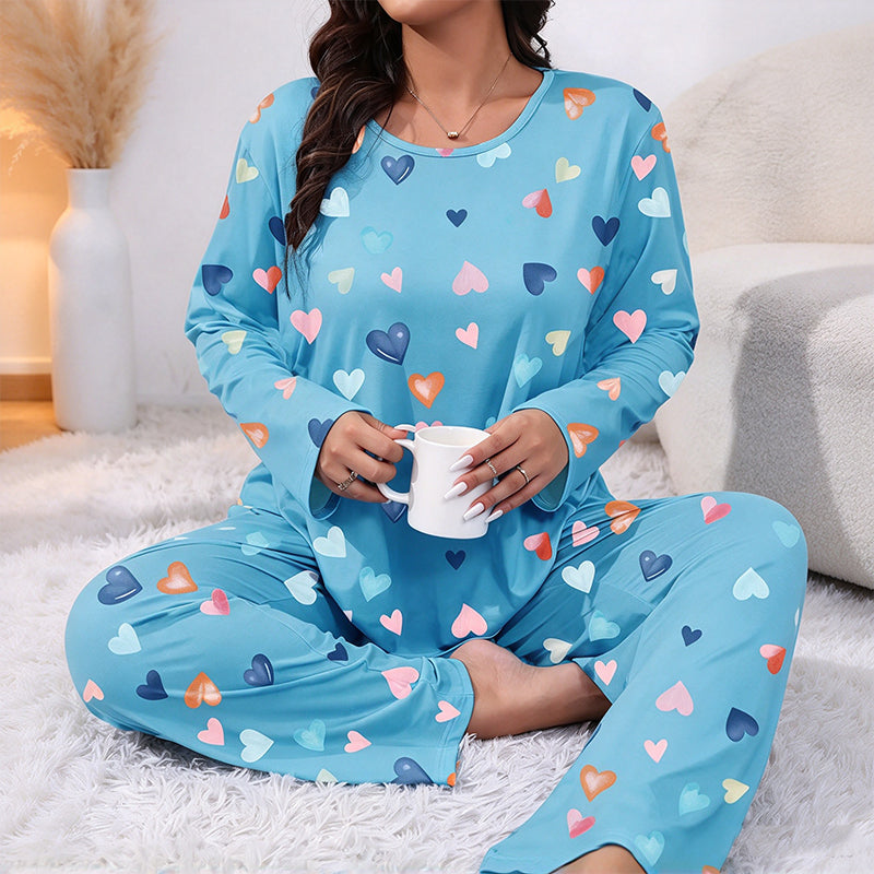 Damen-Pyjama-Set mit Herzaufdruck und langen Ärmeln