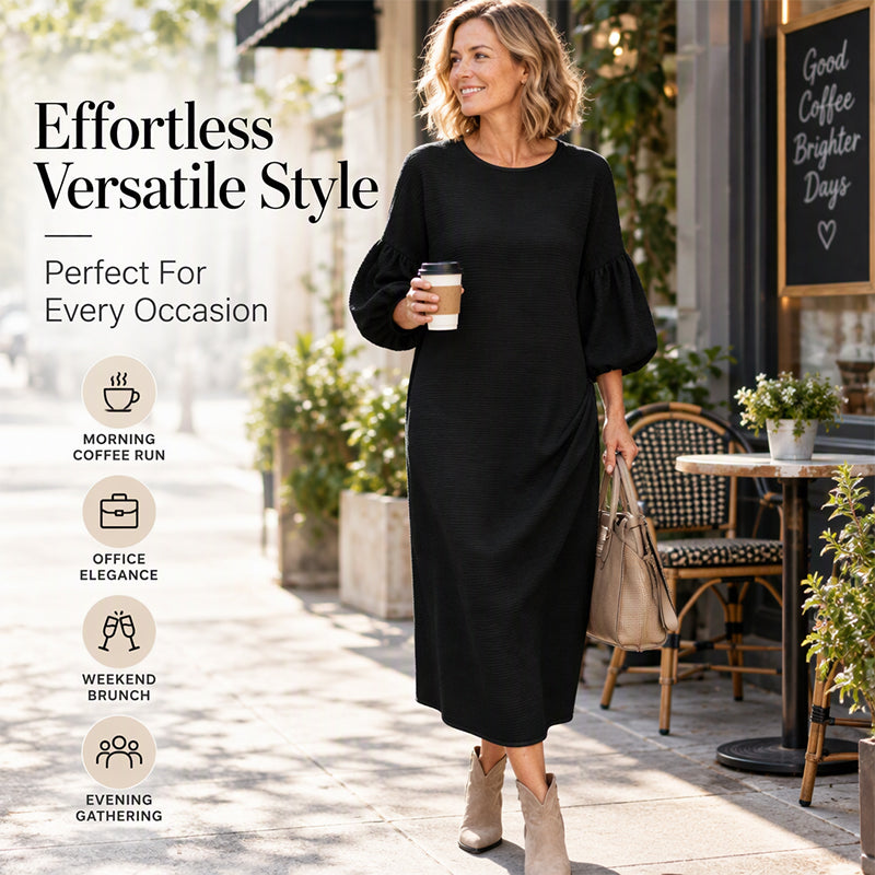 Damen Texturiertes Strick-Midi-Kleid mit Puffärmeln