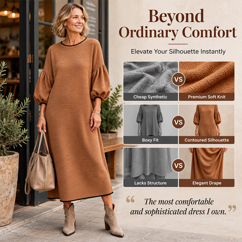 Damen Texturiertes Strick-Midi-Kleid mit Puffärmeln