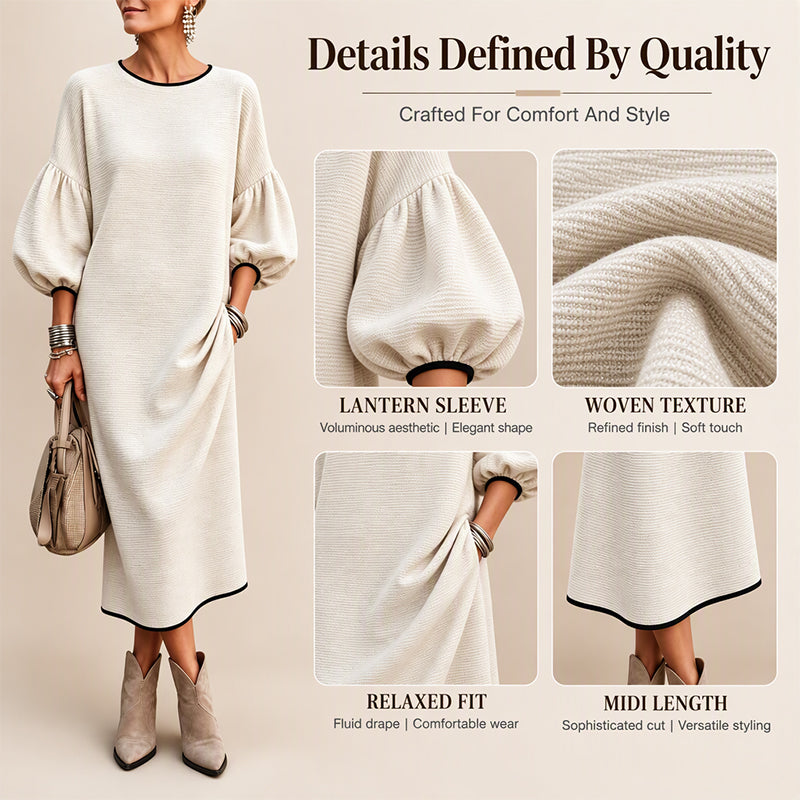 Damen Texturiertes Strick-Midi-Kleid mit Puffärmeln