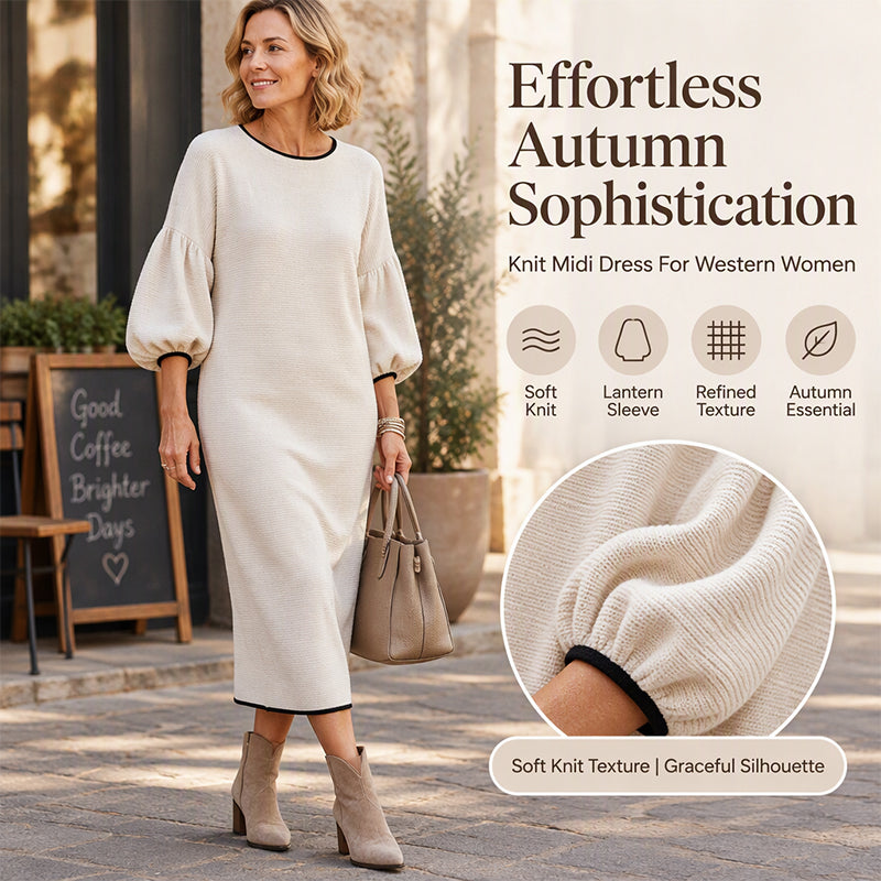 Damen Texturiertes Strick-Midi-Kleid mit Puffärmeln