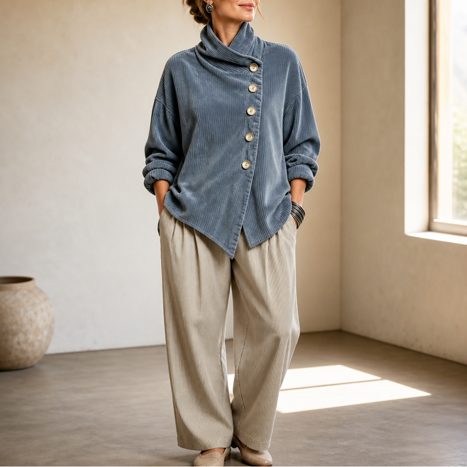 Funnel Collar Asymmetrisches Cord-Top mit Knopfleiste