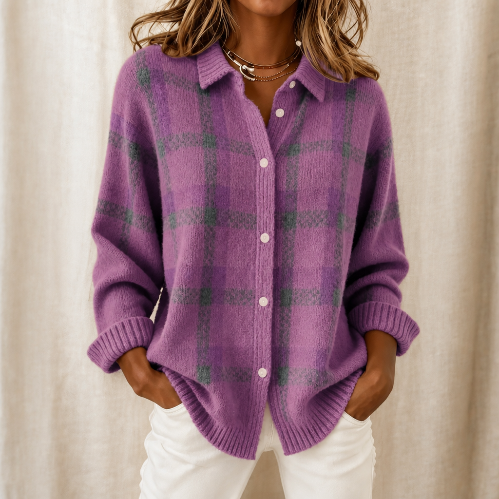 Karierte Strickjacke mit Hemskragen