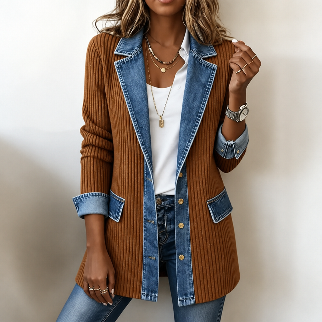 Gerippter Strickmantel mit Denim-Einsätzen