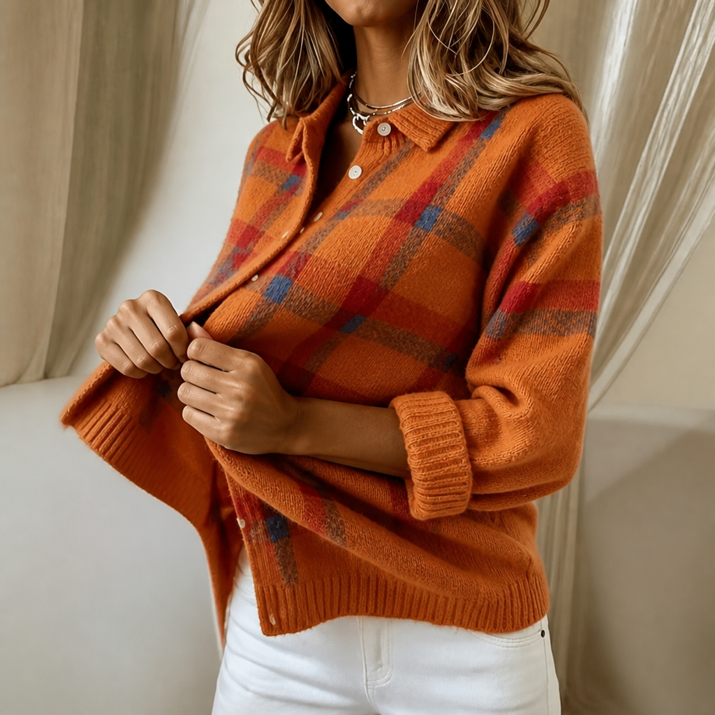 Karierte Strickjacke mit Hemskragen