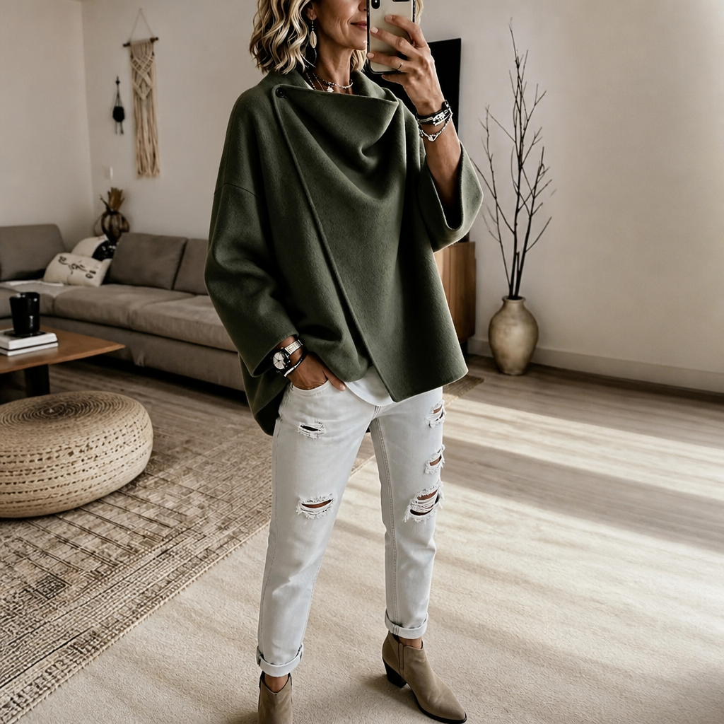 Asymmetrische Wickelcape-Jacke mit Knopfverschluss