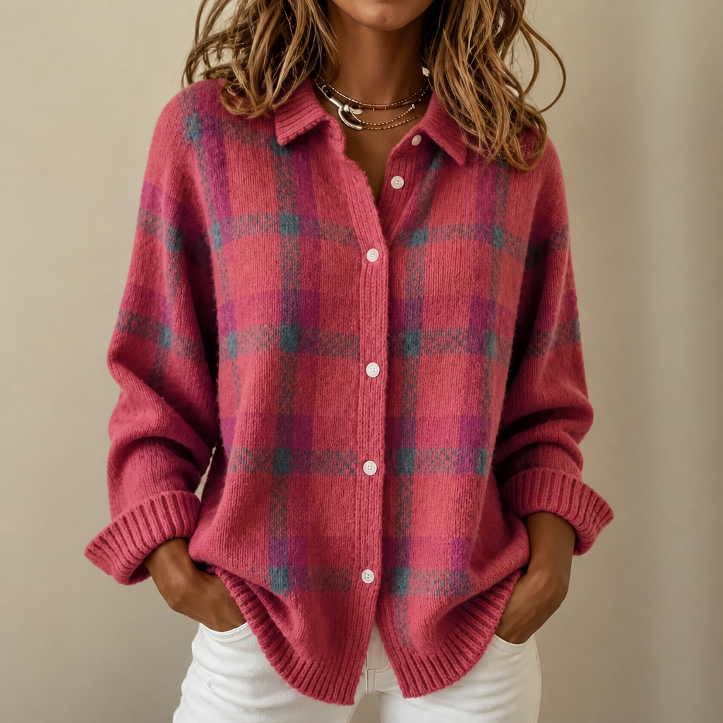 Karierte Strickjacke mit Hemskragen
