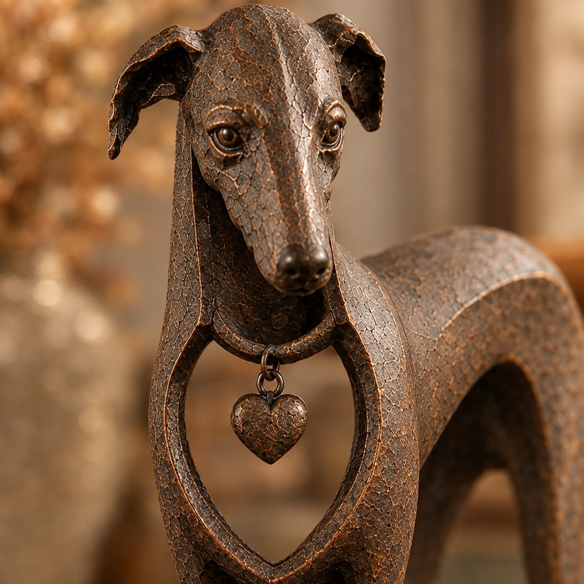 Windhundskulptur aus antikem braunem Harz mit Herzanhänger – 22 cm
