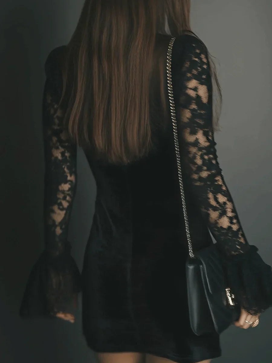 Damen Cocktailkleid Mini Schwarz Samt Spitze Langarm