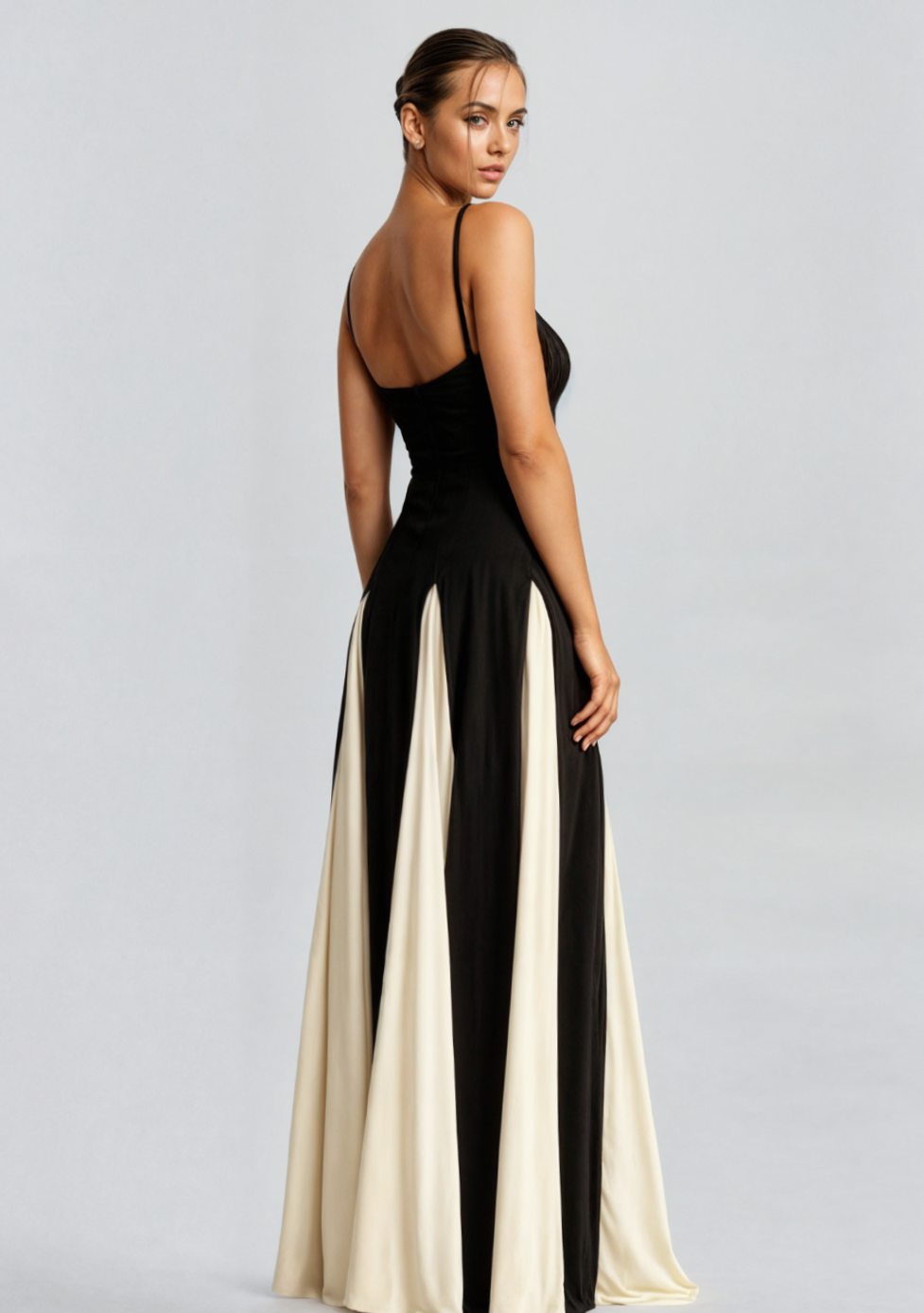 Damen Formelles Maxi-Kleid mit Herzausschnitt und zweifarbigem ausgestelltem Rock