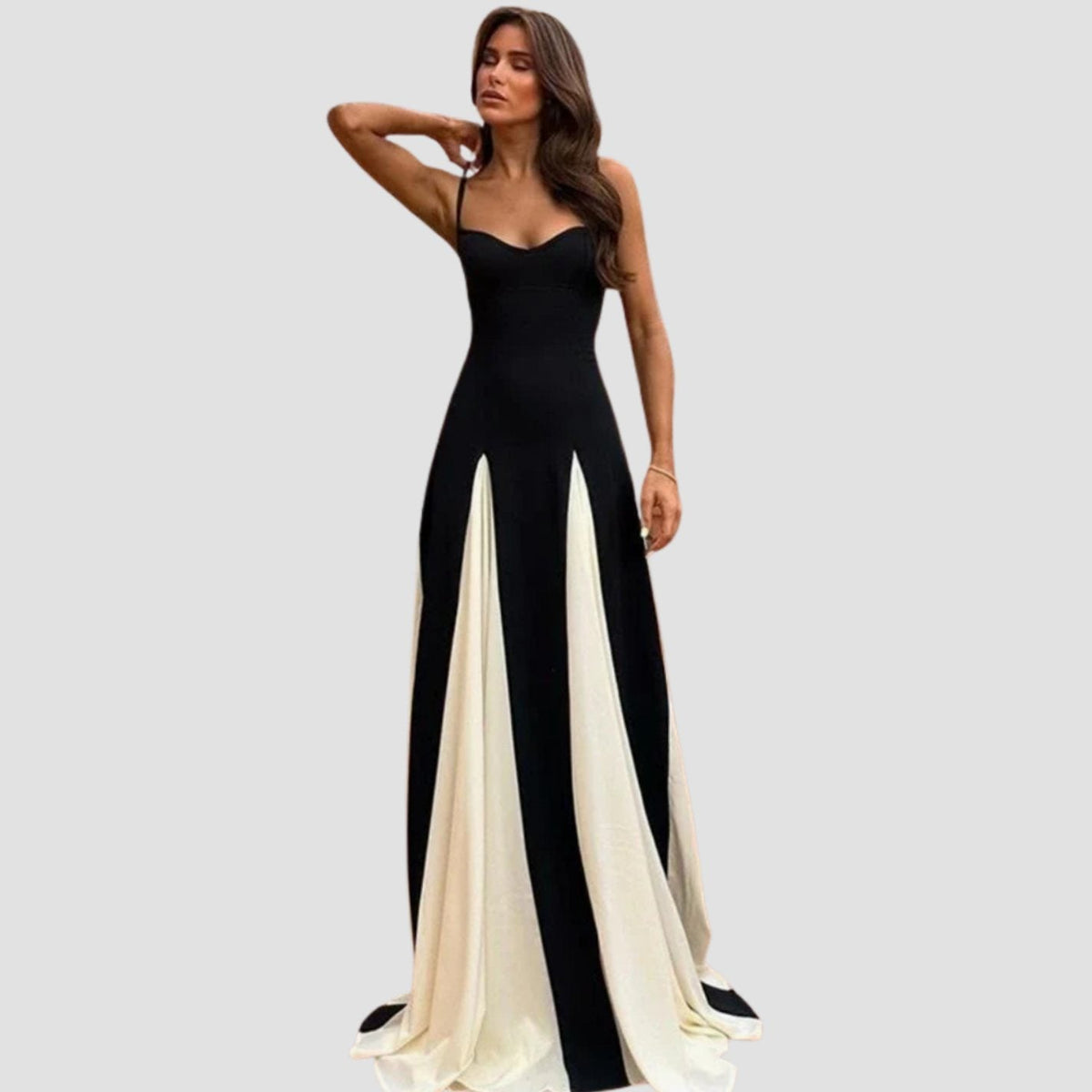 Damen Formelles Maxi-Kleid mit Herzausschnitt und zweifarbigem ausgestelltem Rock