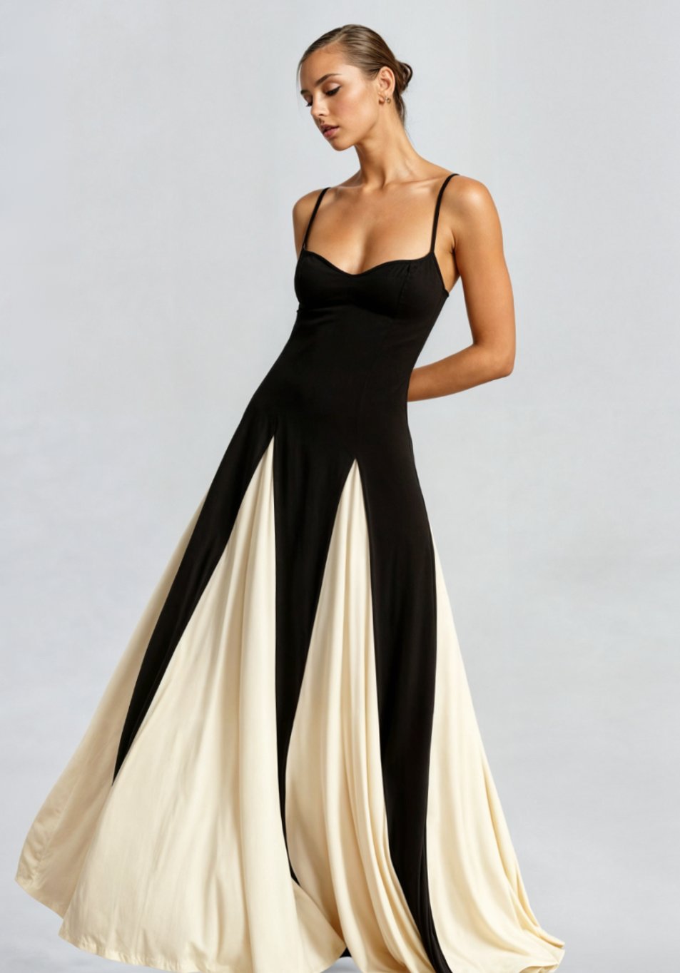 Damen Formelles Maxi-Kleid mit Herzausschnitt und zweifarbigem ausgestelltem Rock