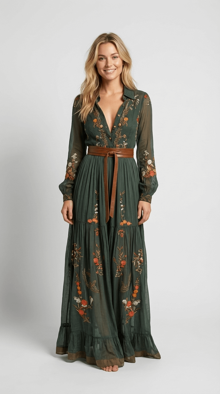 Damen Maxi Boho Kleid mit Blumendetail, langen Ärmeln und Stufenrock
