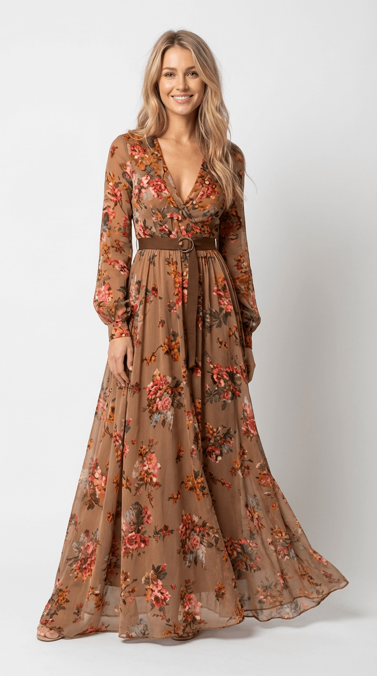 Damen Maxi Boho Kleid mit Blumendetail, langen Ärmeln und Stufenrock