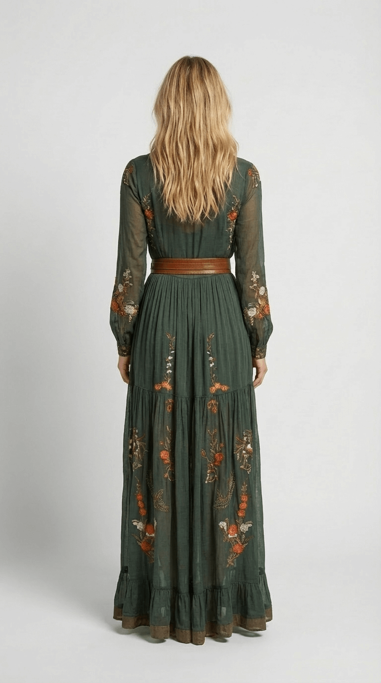 Damen Maxi Boho Kleid mit Blumendetail, langen Ärmeln und Stufenrock