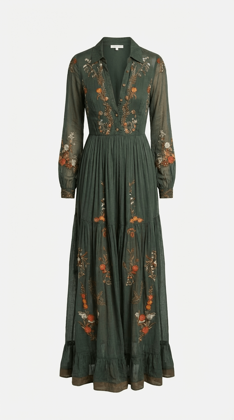 Damen Maxi Boho Kleid mit Blumendetail, langen Ärmeln und Stufenrock